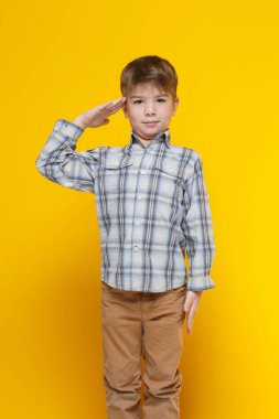 Little cute boy in a plaid shirt salutes, isolated on a yellow background. clipart