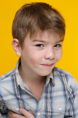 Sarı arka planda izole edilmiş ekose gömlekli küçük şirin çocuk..