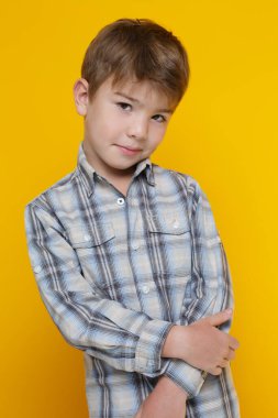 Sarı arka planda izole edilmiş ekose gömlekli küçük şirin çocuk..
