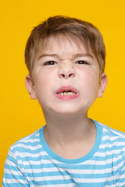 Portrait Little Cute Boy White Blue Striped Clothes Angry Grin — Stock Photo, Image