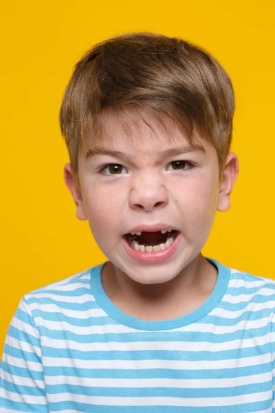 Portrait Little Cute Boy White Blue Striped Clothes Angry Grin — Stock Photo, Image