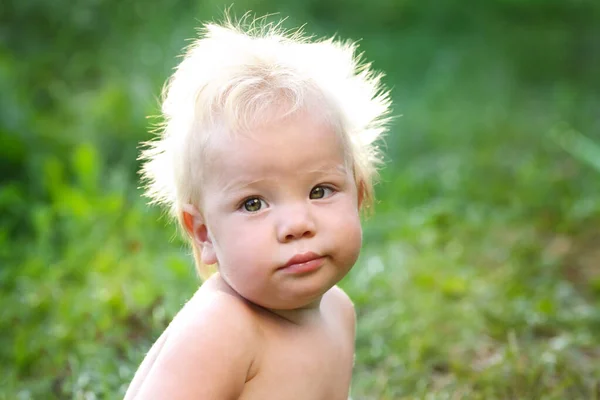 Retrato Niño Pequeño Lindo Con Peinado Esponjoso Sobre Fondo Hierba — Foto de Stock