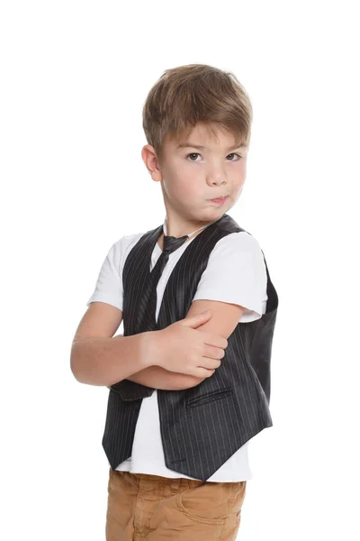 Kleine Schattige Jongen Een Vest Stropdas Geïsoleerd Een Witte Achtergrond — Stockfoto