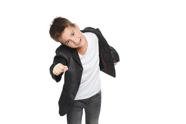 Pequeno Menino Emocional Bonito Uma Jaqueta Move Para Frente Isolado — Fotografia de Stock