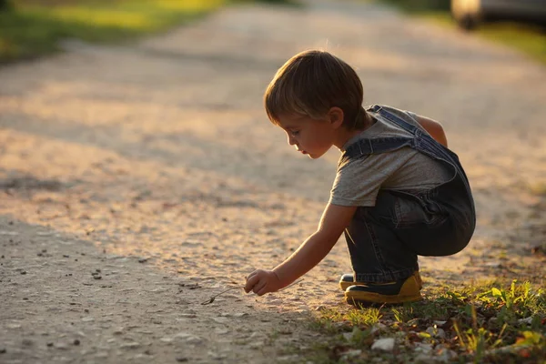 Little Cute Kid Bawi Się Torze Promieniach Niskiego Słońca — Zdjęcie stockowe