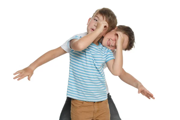 Dois Pouco Engraçado Meninos Indulging Isolado Branco Fundo — Fotografia de Stock