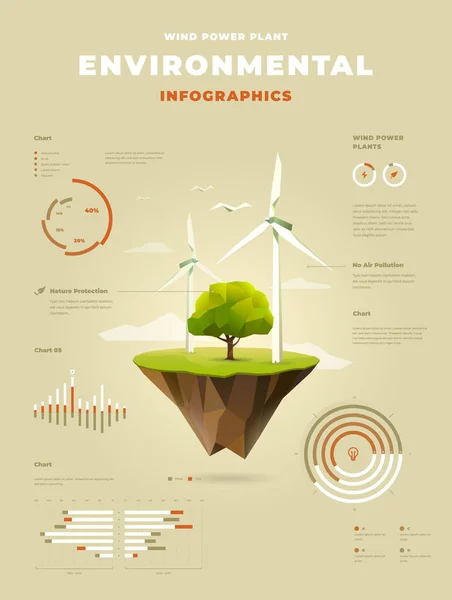 Central Eólica Poligonal Con Árbol Infografías Islas Flotantes — Archivo Imágenes Vectoriales