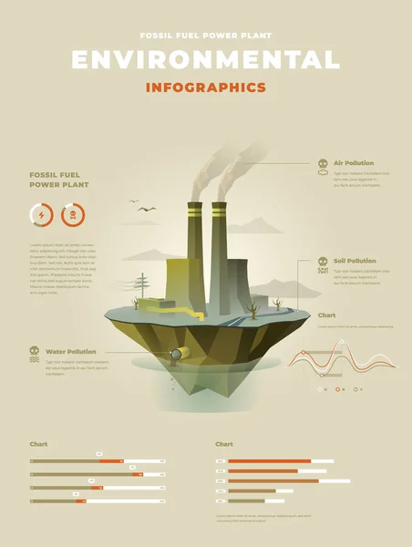 Low Poly Fossil Fuel Power Plant Floating Island Infographics — Stock Vector