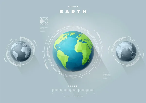 Terre Polygonale Hémisphères Occidental Oriental Infographies Avec Échelle — Image vectorielle