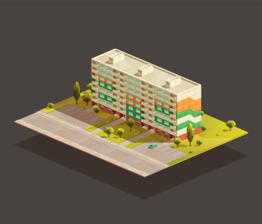 Sovyet apartman bloğu izometrik gerçekçi illüstrasyon. Yol ve otoparkta.