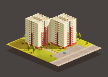Sovyet Kulesi İkiz Apartman Bloğu izometrik gerçekçi çizim. Yol ve otoparkta.