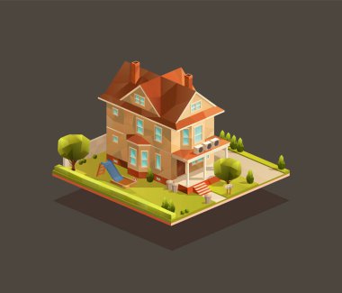 Oyun parkı olan Isometric aile evi. Düşük polyester banliyö vektör çizimi