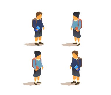 Okul üniformalı genç öğrenciler. İzometrik izole vektör illüstrasyonu