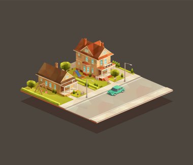 Set of isometric suburbian family houses on street with the car. Low poly vector illustration clipart