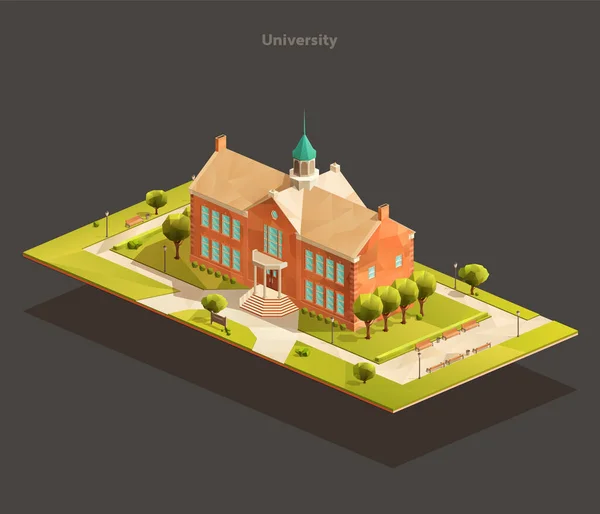 Oud Universiteitsgebouw Met Parkgebied Isometrische Vector Lage Poly Illustratie — Stockvector