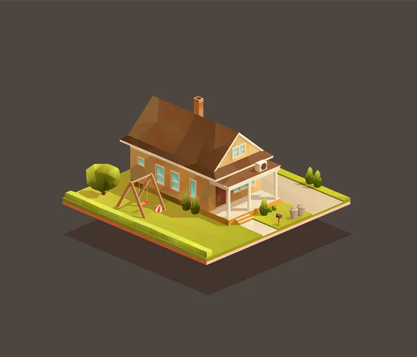 Pauvre Maison Familiale Isométrique Avec Véranda Bois Illustration Vectorielle Suburbaine — Image vectorielle