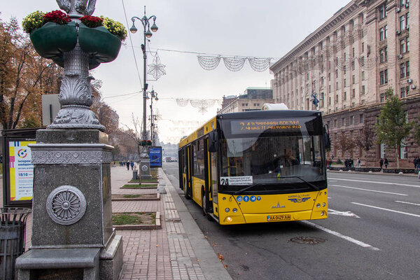 city transport trolley bus at the Kiev passenger stop Ukraine, Kiev 20.10.2018