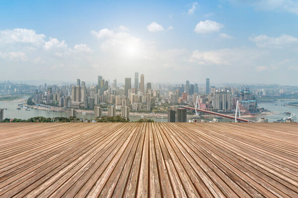 Urban skyscrapers with empty square floor tiles