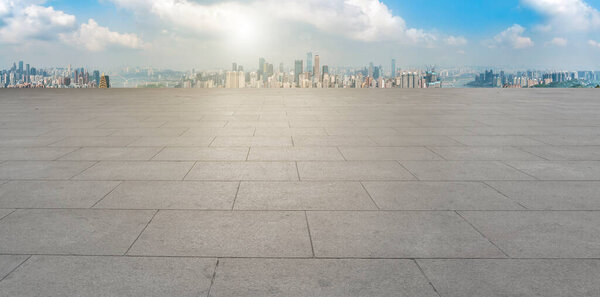 Urban skyscrapers with empty square floor tiles