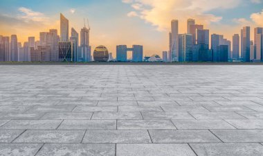 Kare döşemeler ve Hangzhou silüeti