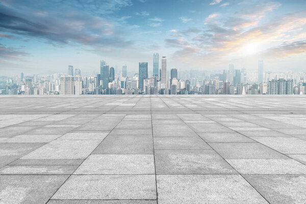 Urban skyscrapers with empty square floor tiles