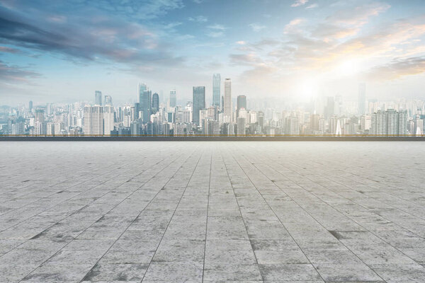 Urban skyscrapers with empty square floor tiles