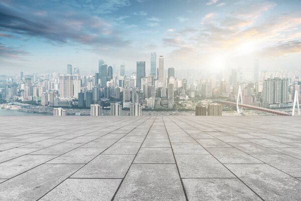 Urban skyscrapers with empty square floor tiles