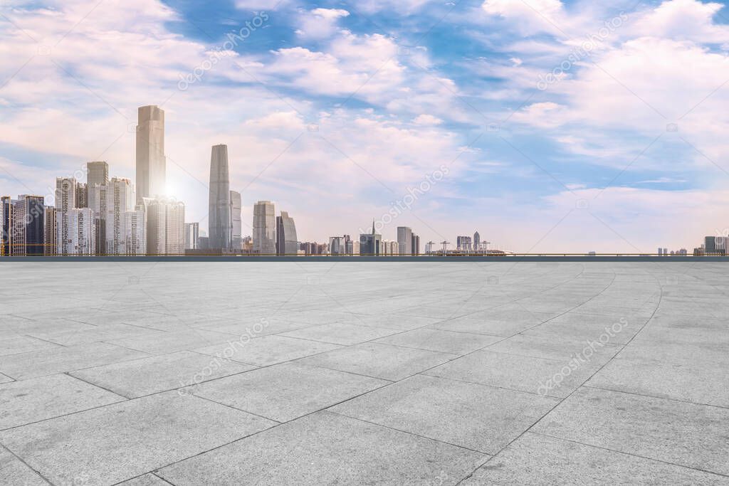 Urban skyscrapers with empty square floor tiles