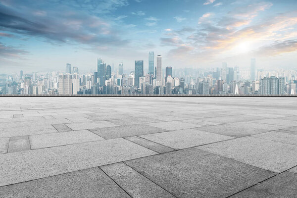 Urban skyscrapers with empty square floor tiles