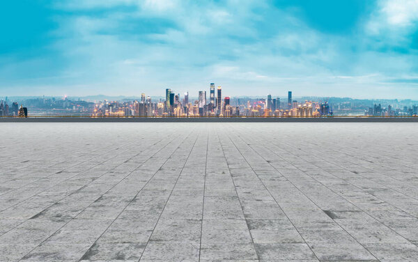 City skyscrapers and square slate ground