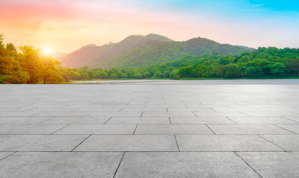 Empty Square Bricks and Natural Landscape Scener