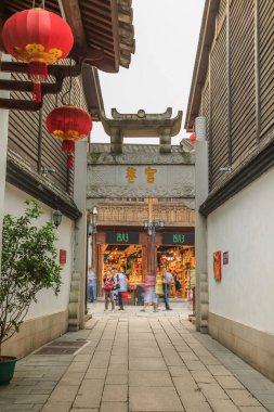 Fuzhou, Çin. Mayıs 2016 'da, Fuzh' ta üç sokak ve yedi sokak