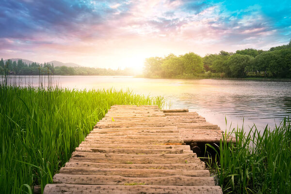 Scenic landscape with lake in Hangzhou, China