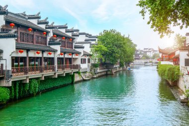 Nanjin 'deki Qinhuai Nehri' nin antik mimari manzarası