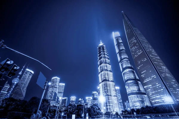 Edificios Ciudad Shanghai Por Noche Luces Borrosas Del Coche — Foto de Stock