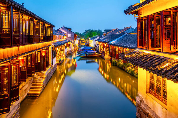 Beautiful Night View of Zhouzhuang, an Ancient Town in Jiangsu P