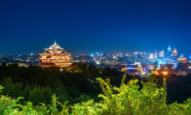 Hangzhou Şehir Nightscape ve Antik Pavilio