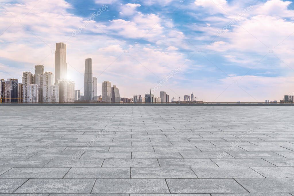 Urban skyscrapers with empty square floor tiles