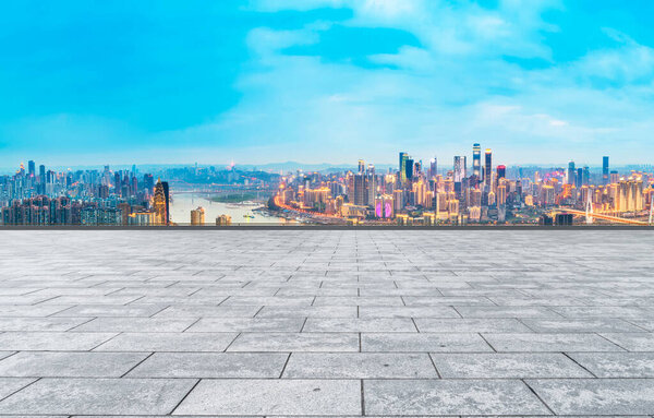 City skyscrapers and square slate ground