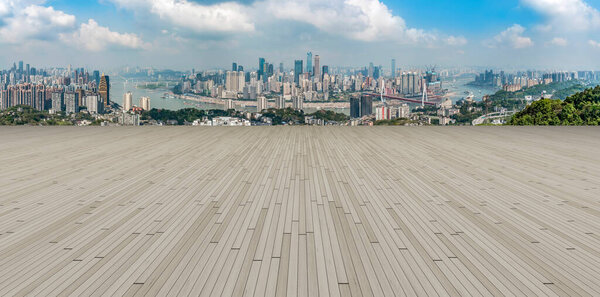 Urban skyscrapers with empty square floor tiles