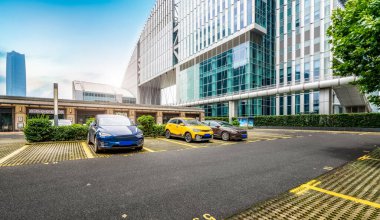 Shanghai Lujiazui business district parking lot and modern build clipart