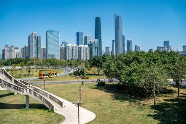 Guangzhou 'daki modern mimarinin ufuk çizgisi, Chin.