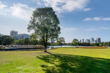 Park ormanı ve Ningb 'in şehir mimarisi.