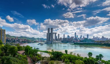 Chongqing, Çin 'deki Şehir Mimarisinin Nightscape Skyline' ı