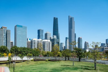 Guangzhou 'daki modern mimarinin ufuk çizgisi, Chin.