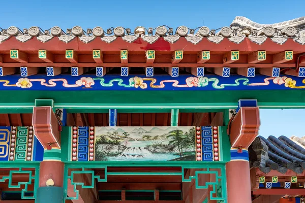 Part of ancient Chinese architecture with colored patterns