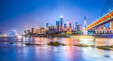 Chongqing, Çin 'deki Şehir Mimarisinin Nightscape Skyline' ı