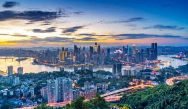 Chongqing, Çin 'deki Şehir Mimarisinin Nightscape Skyline' ı