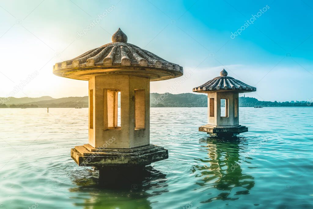 Beautiful architectural landscape and landscape of West Lake in 
