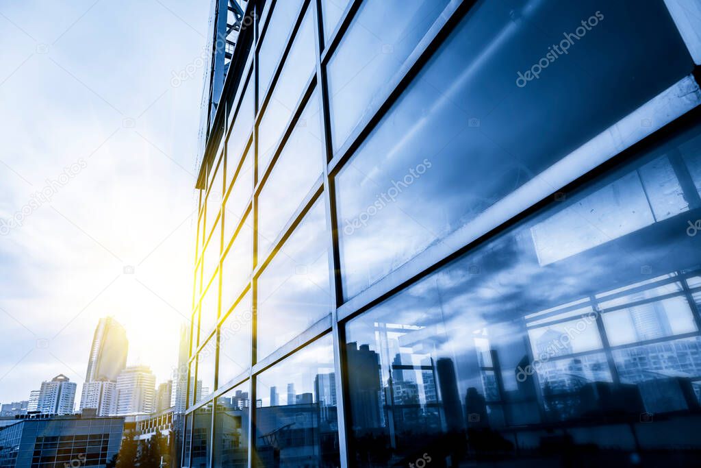 Glass window of office building in Financial Distric